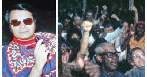 (L-R): Jim Jones records a speech; a group of his followers congregate