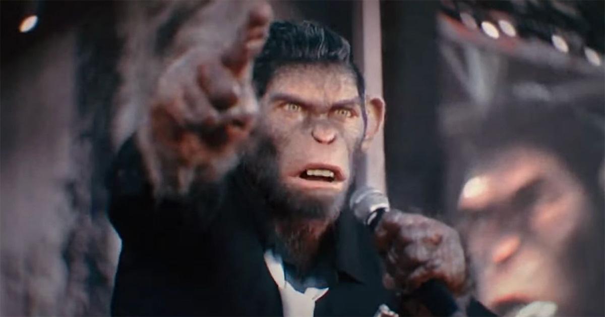 A still of an ape as Robbie Williams in 'Better Man.' 