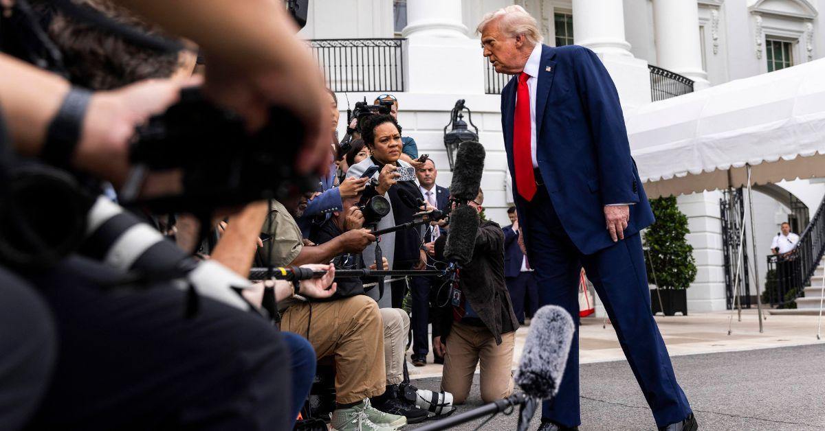 Donald Trump speaking to reporters outside the White House. 