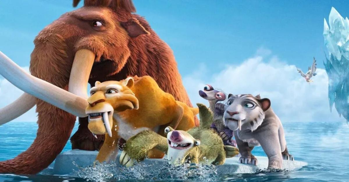 Characters from Ice Age: Continental Drift float on a piece of ice.