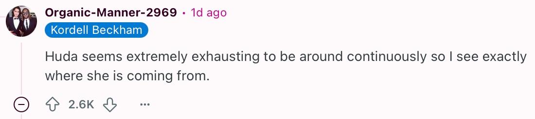 Comment on post about Andreina saying Huda slammed drawers on 'Love Island'.