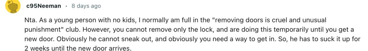 A comment about a parent removing teen sons bedroom door