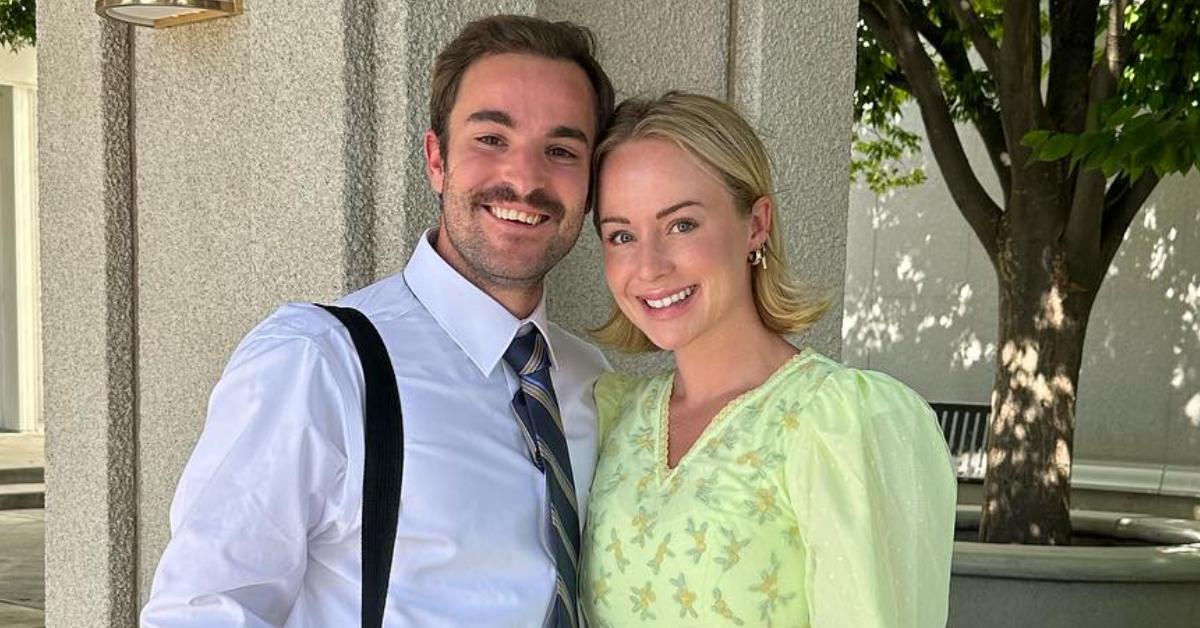 Whitney Leavitt and her husband, Conner, pose outside Mount Timpanogos Utah Temple. 