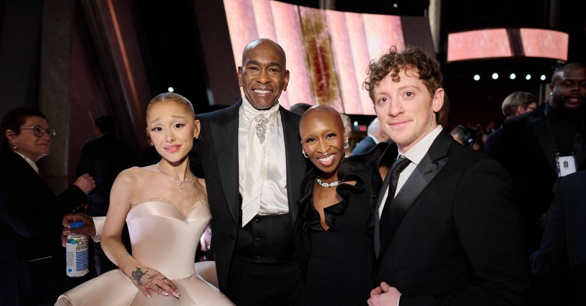 (l-r): Ariana Grande, Paul Tazewell, Cynthia Erivo, and Ethan Slater