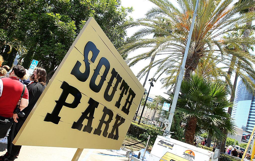 A still image of a South Park sign at a South Park fan event.