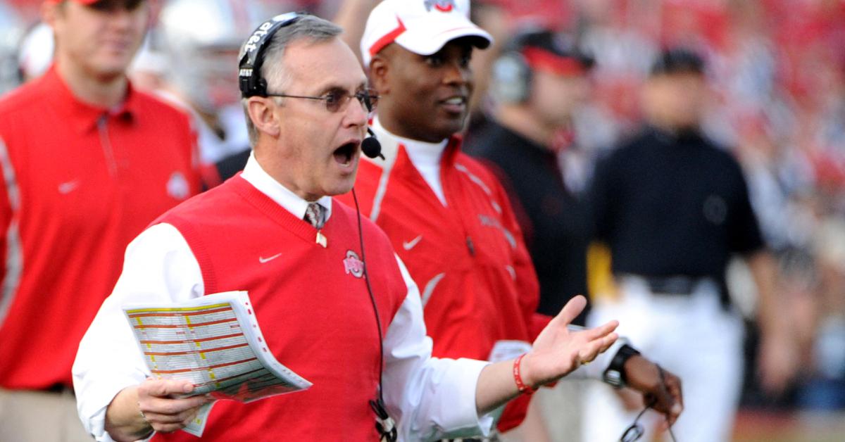 Jim Tressel screams at the referee during the 96th Rose Bowl game on Jan. 1, 2010.