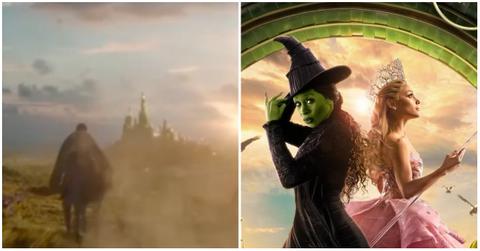 (l-r): Someone riding a horse on 'Wicked; 'Wicked' movie poster