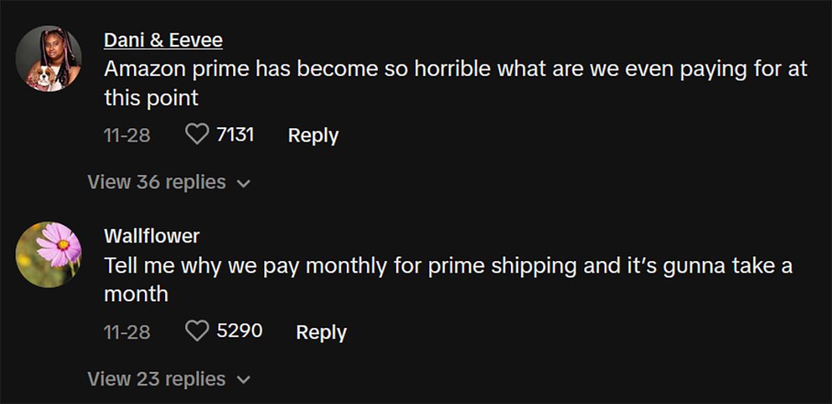 TikTok comments about black friday amazon prime gifts not arriving until after christmas