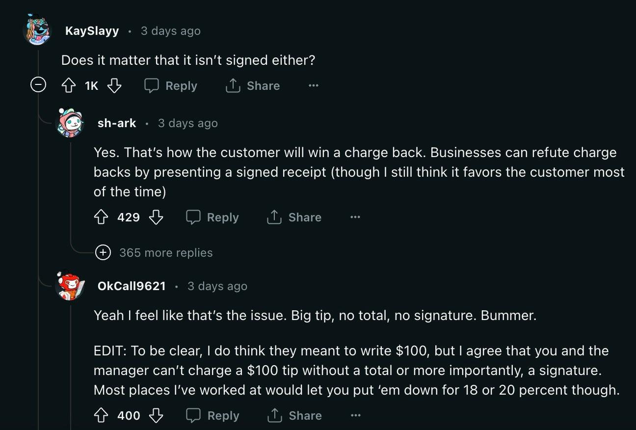 reddit comments what happens when customer doesn't sign receipt