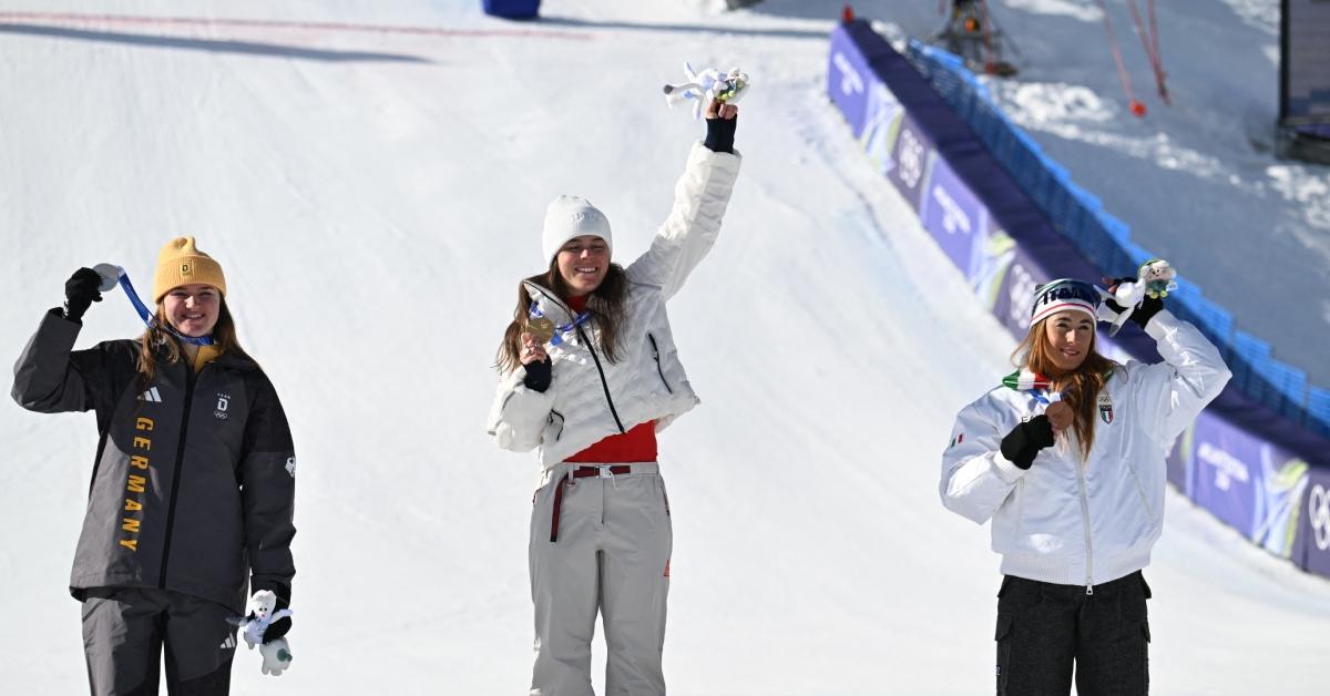 (l-r): Aicher Emma from Germany, Johnson Breezy from United States of America, Goggia Sofia from Italy during the Winter Olympic Games