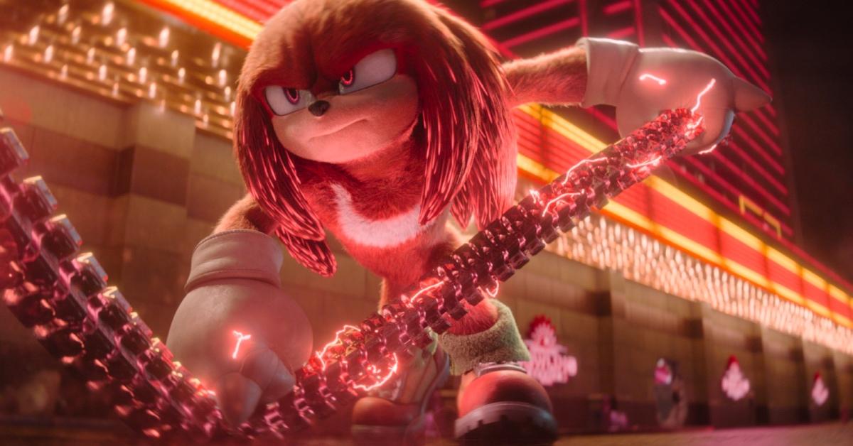 Knuckles holding a chain in the Paramount+ series 'Knuckles'.