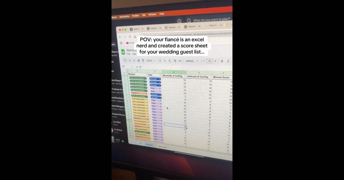 Viral video of woman's fiancè's excel spreadsheet for wedding guest list.