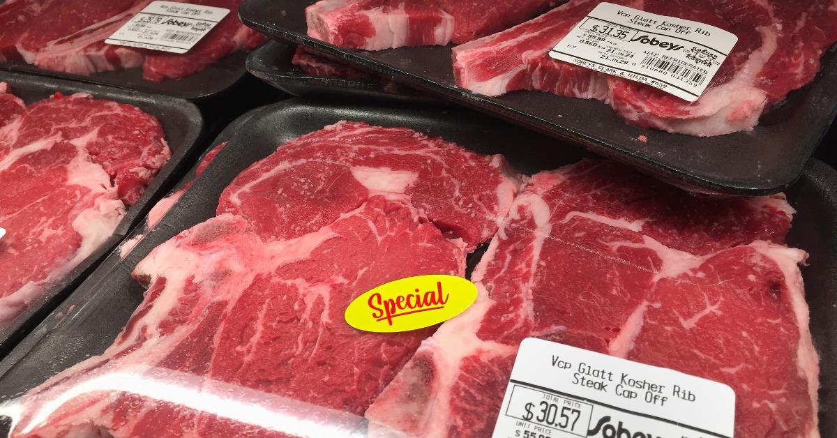 Packages of steak at a grocery store