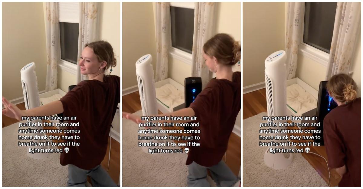 Young girl wearing a t-shirt kneels on the floor to take breathalyzer test with air purifier. 