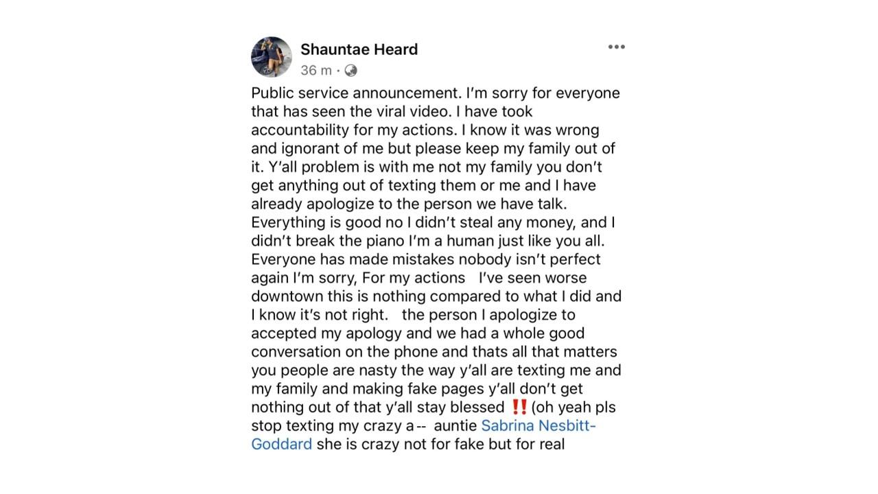 Shauntae posted an apology on Facebook