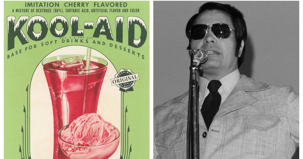 Old advertisement for Kool-Aid; Jim Jones speaks into a microphone