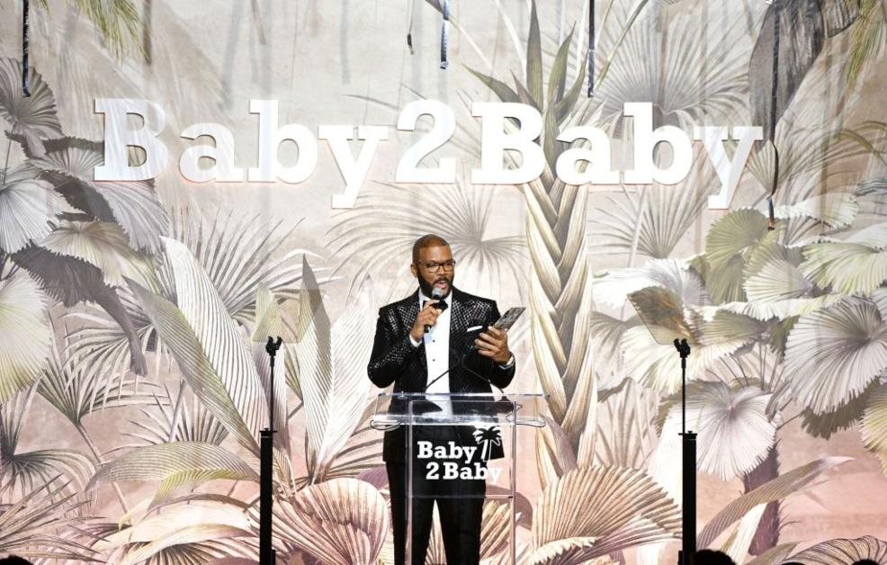  Tyler Perry speaks onstage during the 2022 Baby2Baby Gala presented by Paul Mitchell at Pacific Design Center 