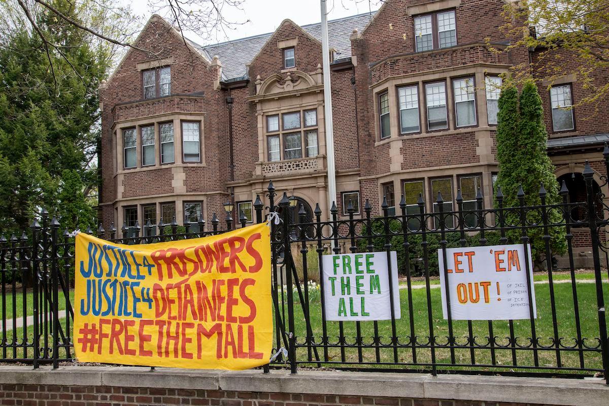 The Minnesota governor's mansion in 2020 with protest signs outside