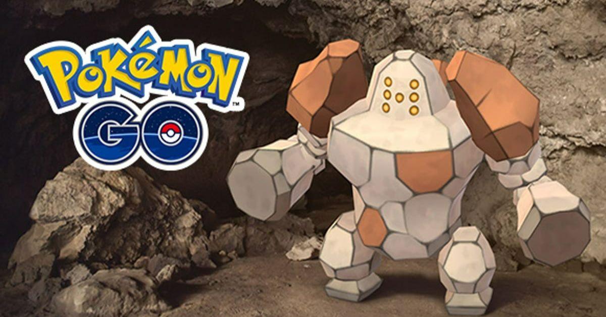 Regirock from Pokémon GO standing in front of a rocky background.