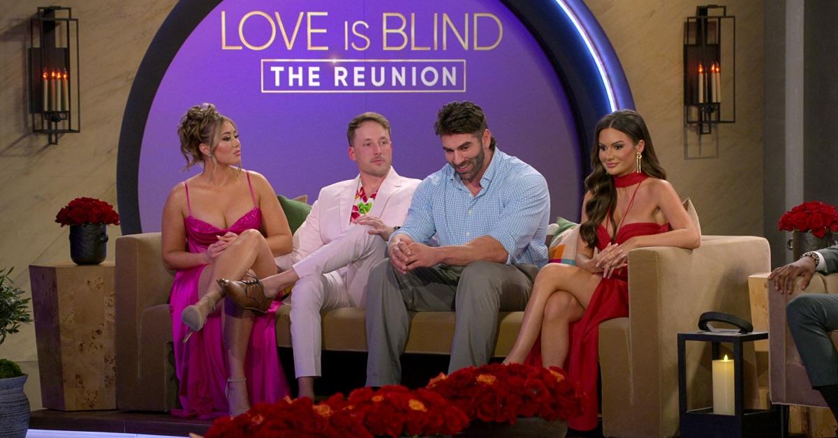 (L-R) Sarah Ann wears a hot pink gown paired with nude heels, Jeramey rocks a white suit layered over a Hawaiian shirt and complemented by brown dress shoes, Trevor opts for a blue button-up shirt and gray slacks, while Jessica captivates in a striking red gown featuring daring slits.