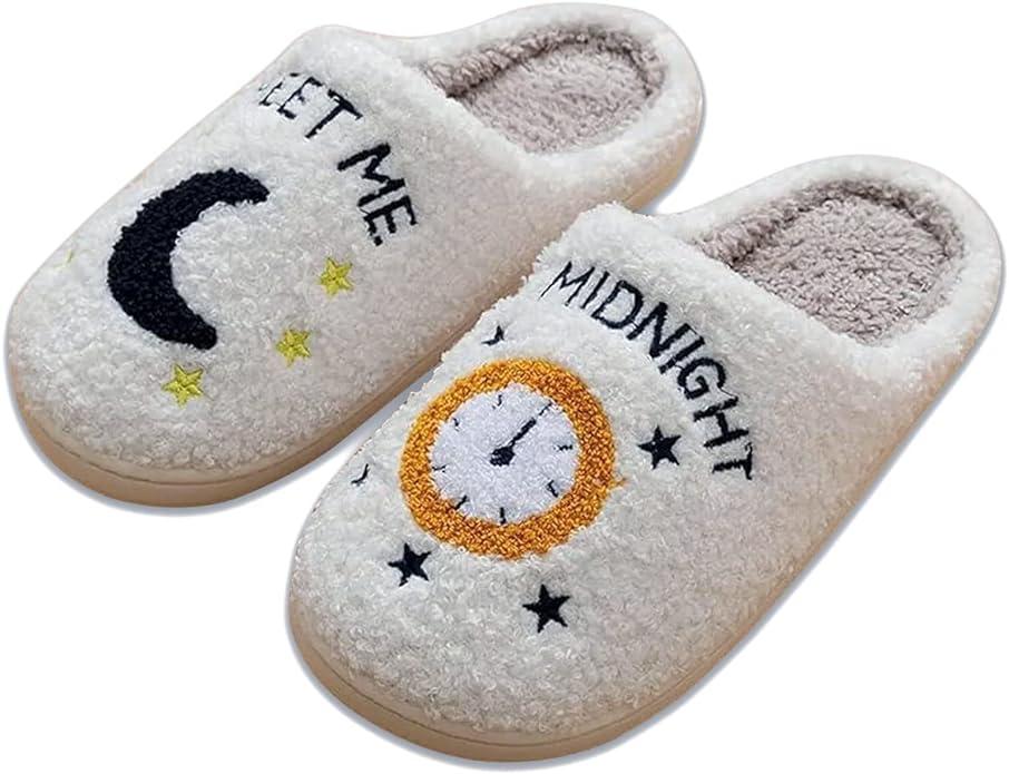 white slippers that say "meet me at midnight"