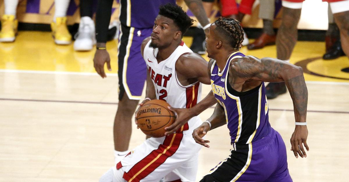 Jimmy Butler drives past Dwight Howard during the Heat-Lakers game on Nov. 8, 2019.