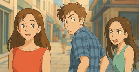 The 'distracted boyfriend' meme in the style of Studio Ghibli.