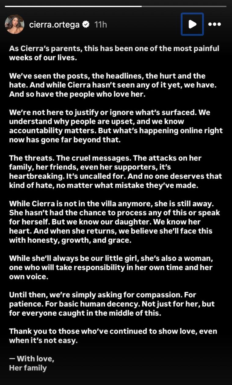 A statement shared by Cierra's parents on Instagram Stories following her 'Love Island' departure.