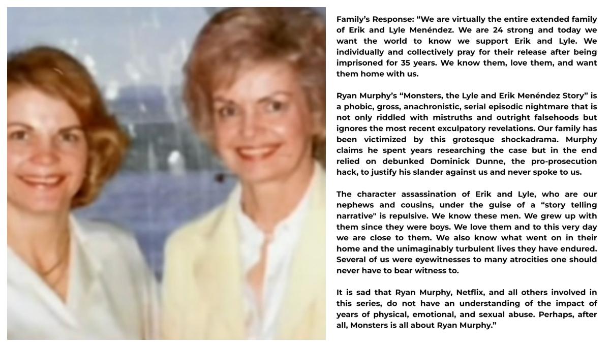 (L-R): Kitte Menendez and her sister Joan VanderMolen; Statement from the Menendez family about 'Monsters'