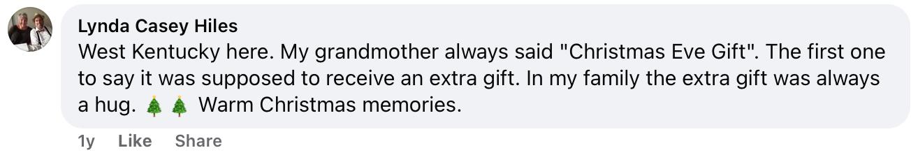 A person on Facebook explaining what "Christmas Eve gift" means.