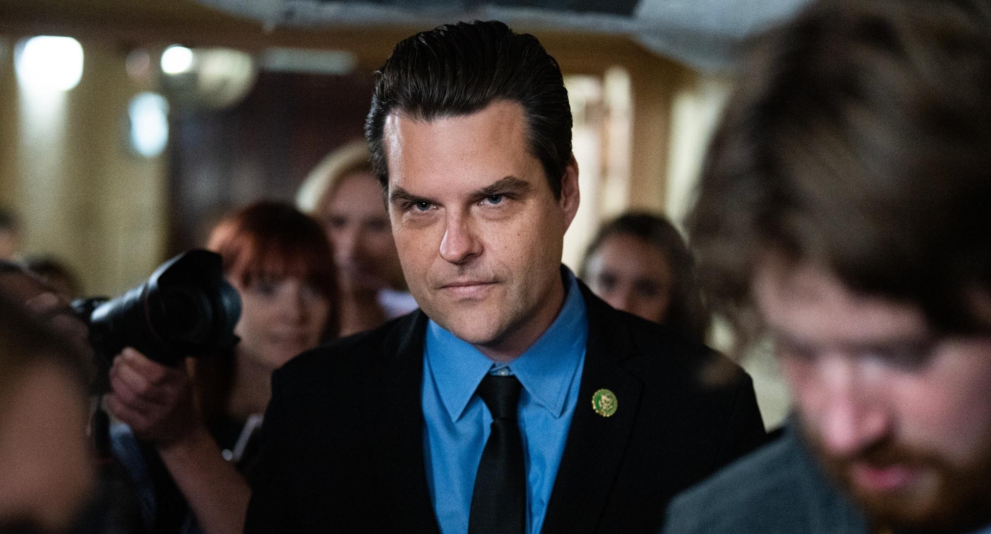 Rep. Matt Gaetz, R-Fla., leaves a meeting of the House Republican Conference in the U.S. Capitol on Tuesday, September 19, 2023.