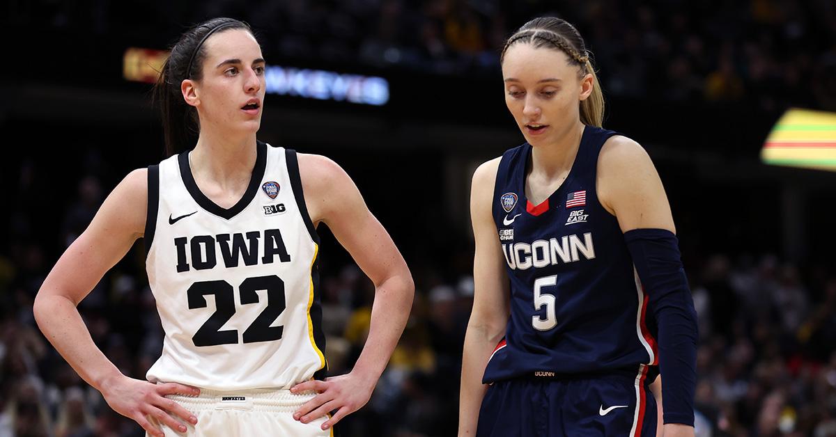 Paige Bueckers and Caitlin Clark during the UConn Iowa game. 