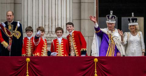 Prince William, Prince Oliver, Prince George, Prince Nicholas, Ralph Tollemache, King Charles III and Queen Camilla during the Coronation in London on May 6, 2023