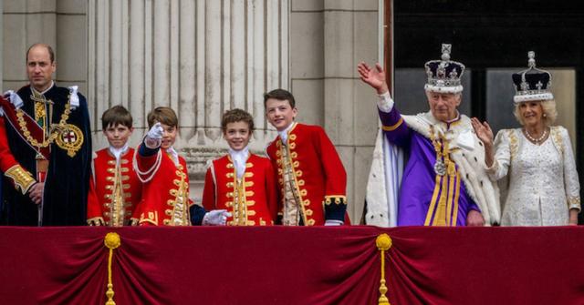 Prince William, Prince Oliver, Prince George, Prince Nicholas, Ralph Tollemache, King Charles III and Queen Camilla during the Coronation in London on May 6, 2023
