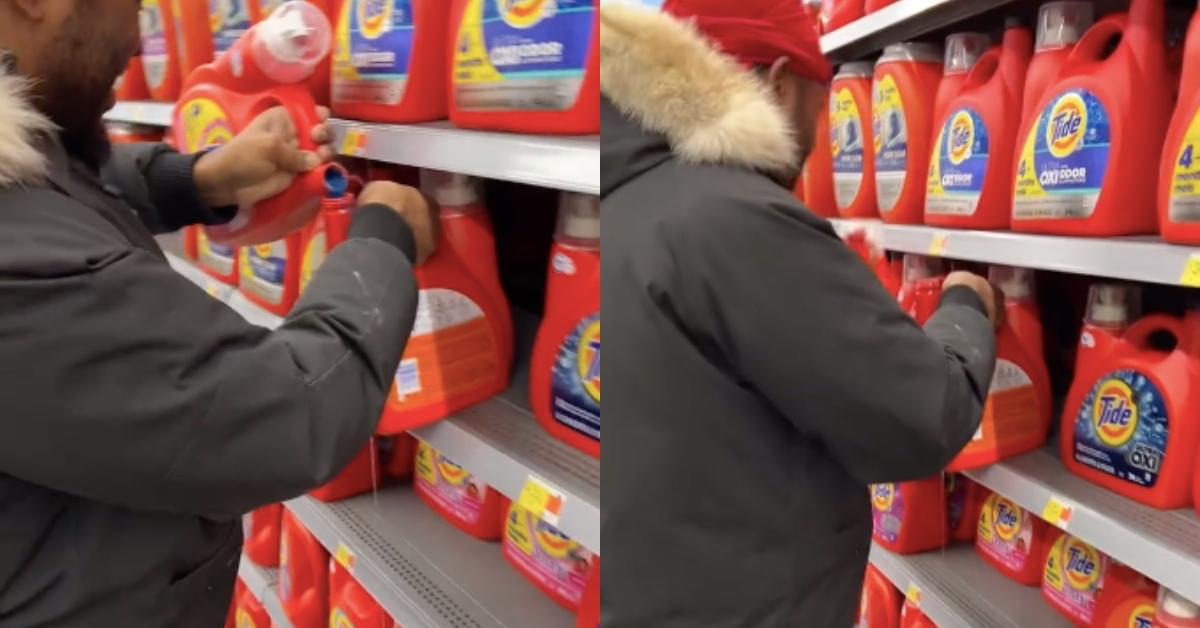 man finally finishes pouring Tide into another bottle