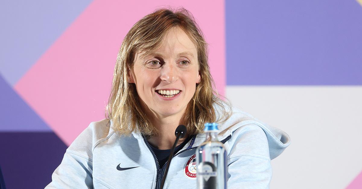 Katie Ledecky giving a press conference prior to the 2024 Olympics. 