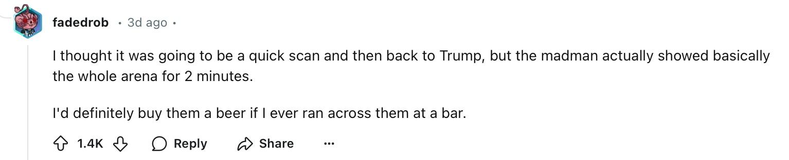 Reddit comment on cameraman going rogue at Trump rally and shows all the empty seats.