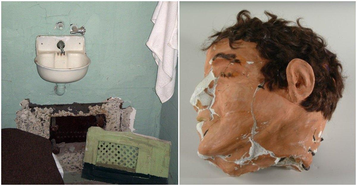 Prison cell in Alcatraz and the dummy head of Frank Morris.