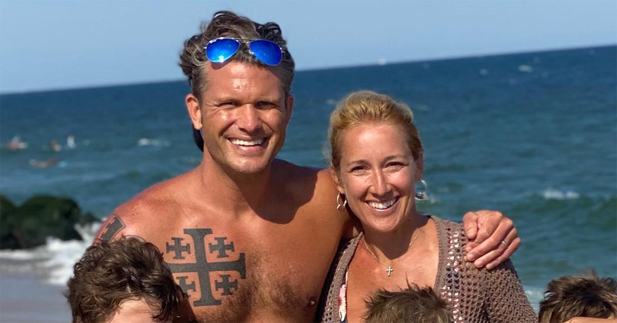 Pete Hegseth shirtless with his family on the beach. 