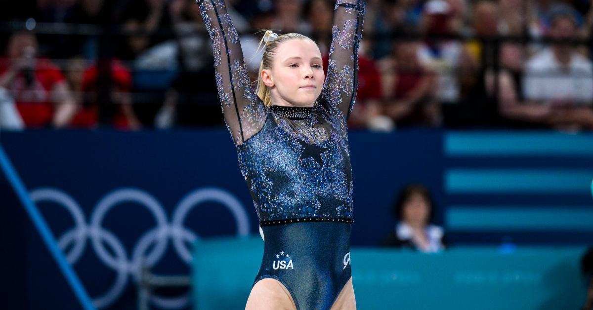 Jade Carey reacts after her exercise on the vault at the 2024 Paris Summer Olympics on July 28.