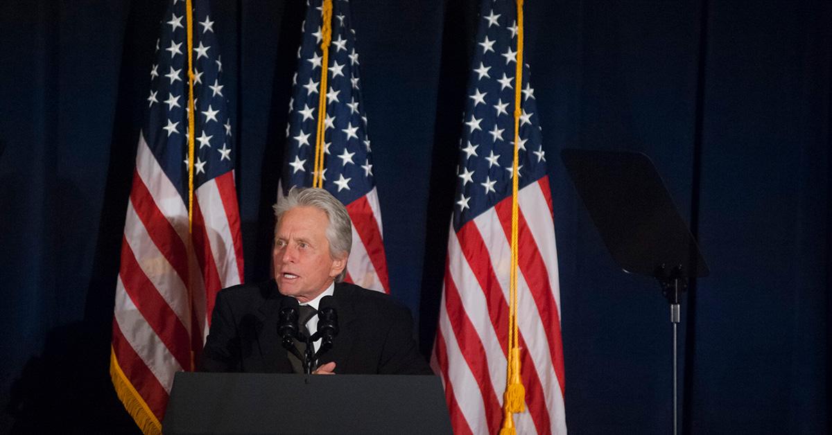 Michael Douglas accepts the inaugural Teddy Kollek Award for the Advancement of Jewish Culture on behalf of his father Kirk Douglas during the 2016 World Jewish Congress Herzl Award Dinner. 