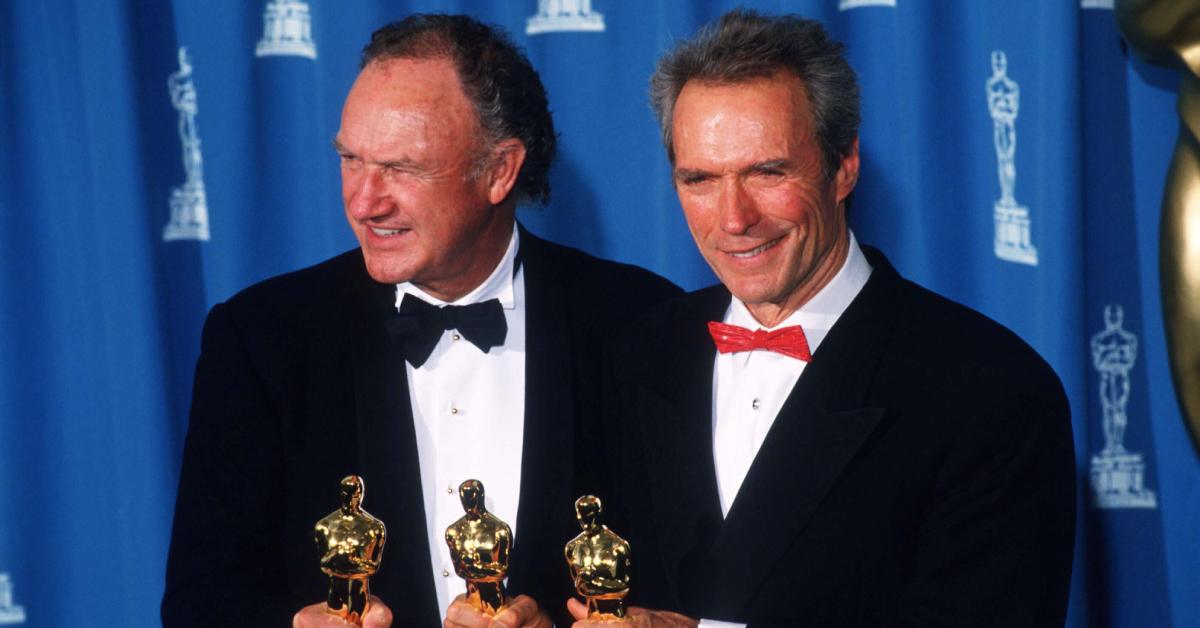 Gene Hackman and Clint Eastwood pose with their Oscars at the Academy Awards March 29, 1993.