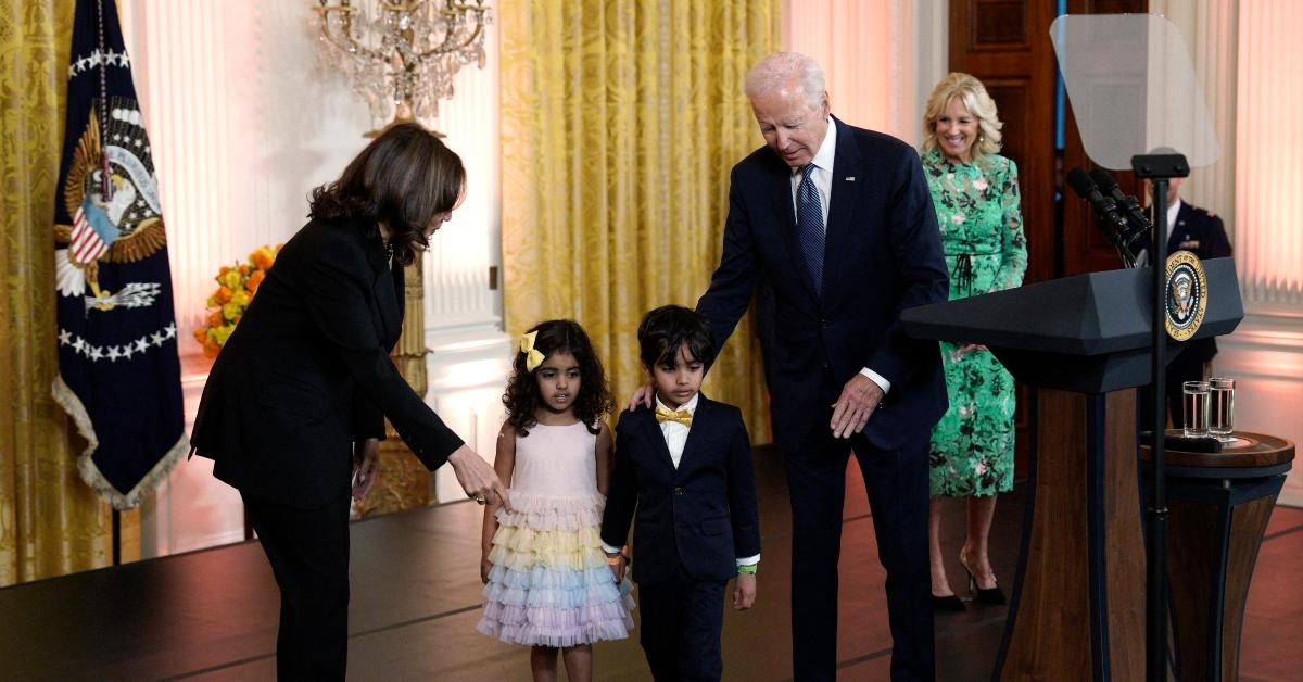 fmr President Joe Biden and fmr Vice President Kamala Harris welcome Ro Khanna's kids to the White House for Diwali celebration