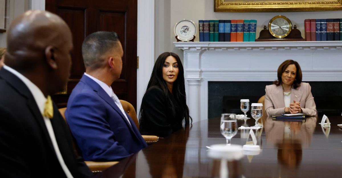 Kim Kardashian joins Vice President Kamala Harris during a roundtable discussion on criminal justice reform in the Roosevelt Room at the White House on April 25, 2024,