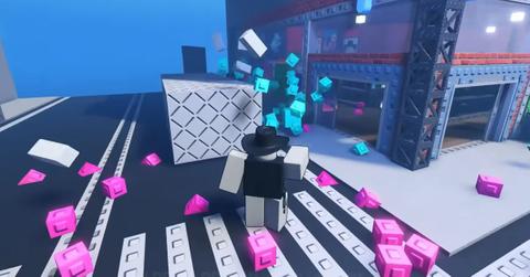 A Hunter shooting a Hider in Dingus Roblox.