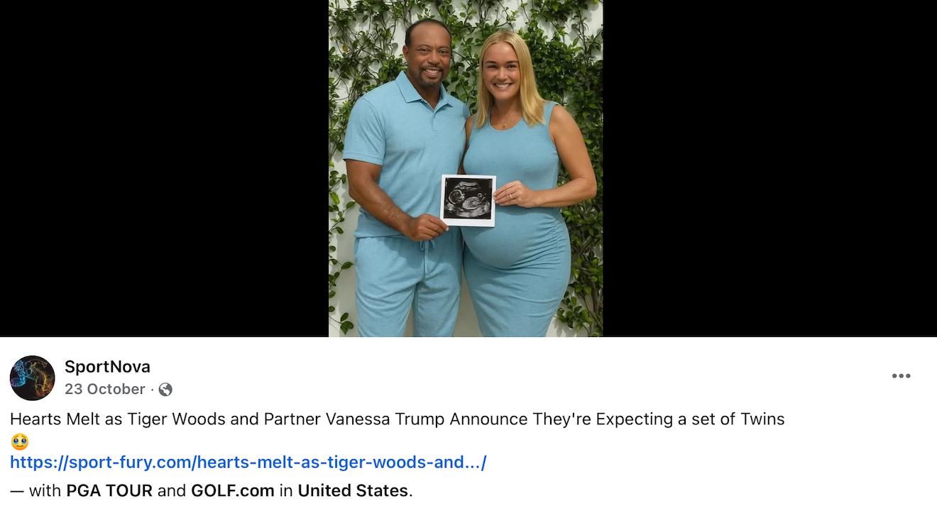 A fake Facebook post suggesting Tiger Woods and Vanessa Trump are expecting a child.