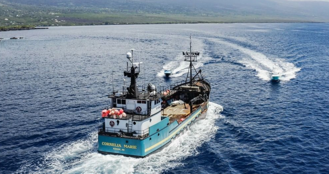 A ship featured in 'Deadliest Catch' sails the ocean.