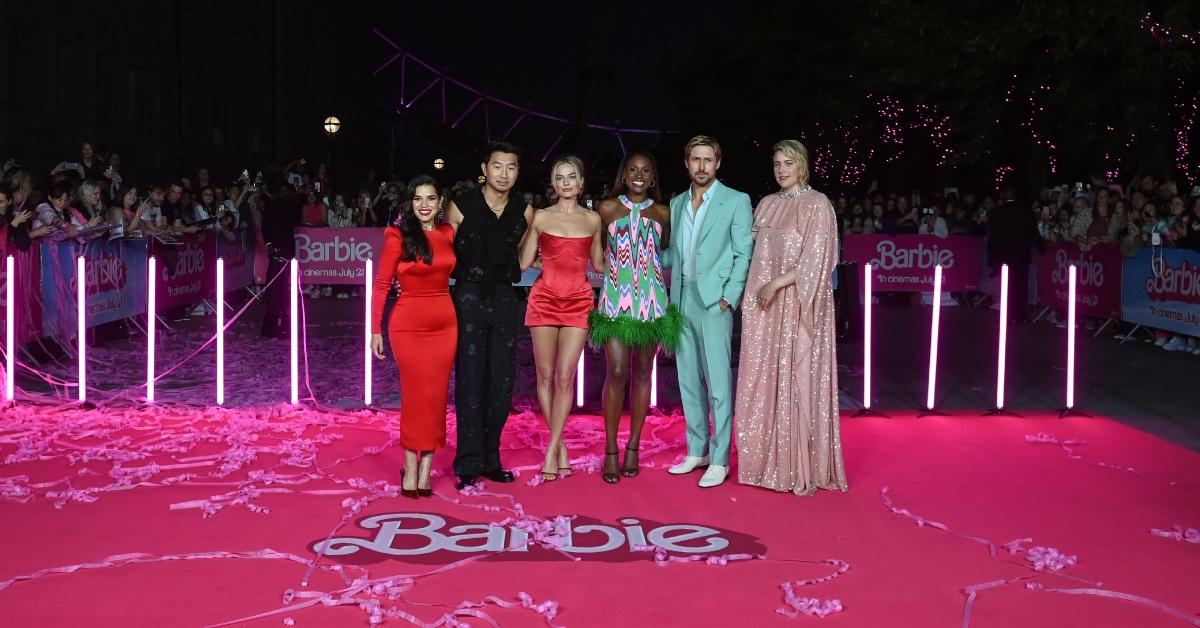‘Barbie’ castmates America Ferrera, Simu Liu, Margot Robbie, Issa Rae, and Ryan Gosling stand with director Greta Gerwig