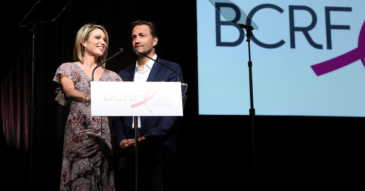 Amy Robach and Andrew Shue speak onstage at the Breast Cancer Research Foundation (BCRF) 