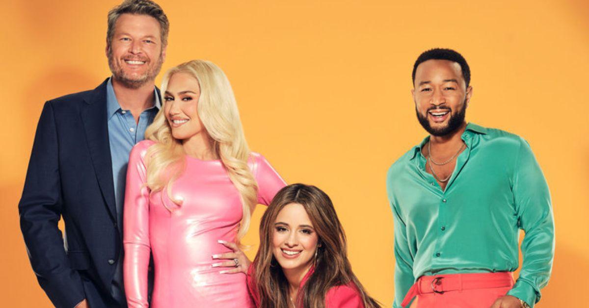 (l-r): Blake Shelton, Gwen Stefani, Camila Cabello, and John Legend promoting 'The Voice' Season 22.